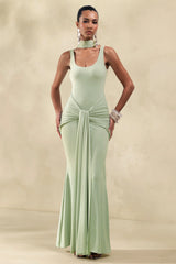 Solyra | Mint Square-Neck Maxi Dress With Sash And Cape Detail