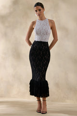 Vionna | Black And White Lace High-Neck Midi Dress With Bow-Belt Detail