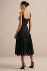 Norrie | Black Square-Neck Midi Dress With Voluminous Lace Skirt