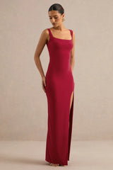 Josiane | Red Square-Neck Maxi Dress With Front Split