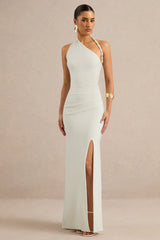 Elirae | White Asymmetric-Neck Maxi Dress With Twist Strap And Front High Split