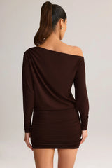 Modal Off-Shoulder Wrap Mini Dress In Chocolate Brown