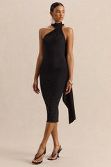 Devinae | Black Asymmetric-Neck Midi-Dress With Open-Back And Scarf-Detail