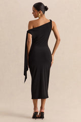 Arcelia | Black Asymmetric-Neck Midi Dress With Knot-Sleeve Detail