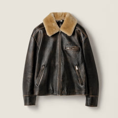 MiuMiu Women's Fur Collar Vintage Distressed Zip Black Nappa Leather Jacket #332783