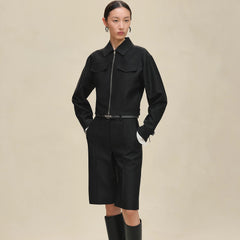 Hermes Women's Workwear-Style Fall/Winter Lapel Zipper Denim Short Jacket with Casual Solid-Color Mid-Length Pants Ngvp #2587