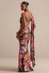 Navia | Brown Animal And Floral Print Square-Neck Maxi Dress With Sash Detail