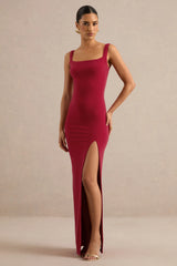 Josiane | Red Square-Neck Maxi Dress With Front Split