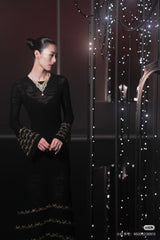Chanel 25A Women's Long Dress Embroidered Virgin Wool Black and Gold #332236