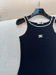 Celine Women's Summer Fashion Casual Solid Color Square Neckline Patch Pocket Sleeveless Logo Handmade Crochet Mini Dress #79292