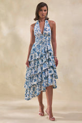 Velora | Blue Porcelain Print Asymmetric-Neck Midi Dress With Tiered-Ruffled Skirt