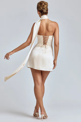 Draped Halterneck Satin Mini Dress In Ivory