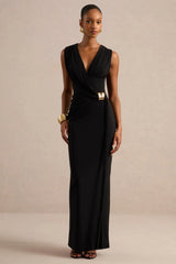 Nalina | Black Plunge-Neck Maxi Dress With Gathered Detailing And Gold Detail