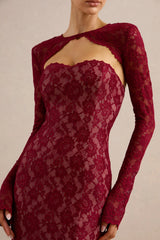 Mirellia | Dark Red Lace Sweetheart-Neck Maxi Dress