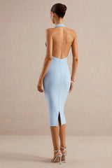 Vela | Light Blue Asymmetric-Neck Midi Dress