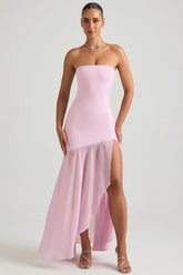 Asymmetric Strapless Fishtail Maxi Dress In Soft Pink