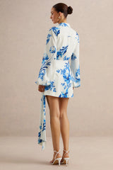 Itzara | Blue Floral Print Plunge-Neck Wrap Dress With Belt Detail