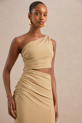 Andela | Gold Metallic Asymmetric-Neck Maxi Dress With Cut-Outs And Gold Detail