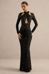 Perriane | Black Lace Halter-Neck Maxi Dress With Cut-Out Details