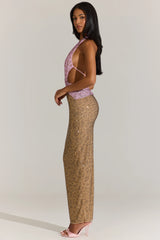 Embellished Cut-Out Maxi Dress In Pink Leopard
