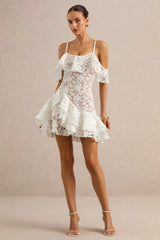 Lyris | White Lace Scoop-Neck Mini Dress With Ruffled Detailing