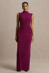 Solene | Burgundy High-Neck Maxi Dress With Wrap And Drape Detail