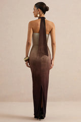 Thera | Brown Ombre Halter-Neck Maxi Dress With Gold Detail