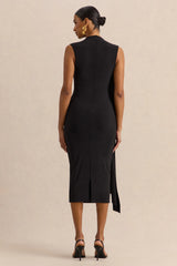 Oleandra | Black High-Neck Midi-Dress With Draped-Detail