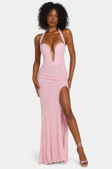 Embellished Halterneck Gown In Lavender Pink