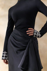 Starred | Black High-Neck Maxi Dress With Satin Wrap-Skirt And Embellished Cuffs