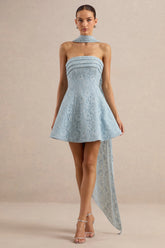Elvara | Light Blue Lace Bandeau-Neck Mini Dress With Scarf Detail