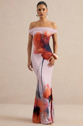 Katia | Pink Poppy Print Bardot-Neck Maxi Dress
