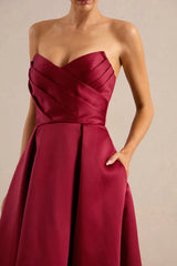 Promises | Red Satin Bandeau-Neck Midi Dress