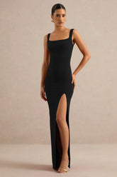 Josiane | Black Square-Neck Maxi Dress With Front Split