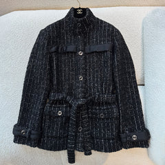Chanel 25FW Women's Tunic Jacket Cashmere Tweed Thick Flower Stand Collar Mid Length Style #332919