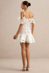 Lyris | White Lace Scoop-Neck Mini Dress With Ruffled Detailing