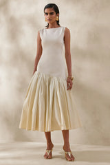 Fantasia | Cream Boat-Neck Midi Dress With Asymmetric Drop-Waist