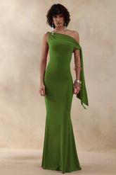 Vista | Green Asymmetric-Neck Maxi Dress With Knot-Sleeve Detail