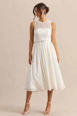 Anabella | White Lace Crew-Neck Belted Midi-Dress
