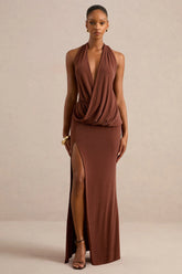 Velia | Brown Extreme Plunge-Neck Semi-Sheer Maxi Dress With Front High Split