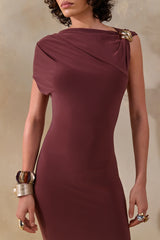 Blaire | Brown Asymmetric-Neck Maxi Dress With Gold-Detailing