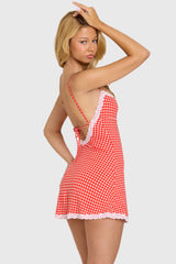 Modal Lace-Trim Mini Dress In Red Gingham