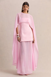 Chessa | Light Pink Boat-Neck Maxi Dress With Sheer Cape