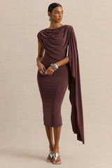 Kamoria | Brown Round-Neck Midi Dress With Cape-Sleeve