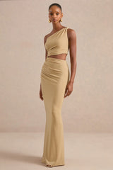 Andela | Gold Metallic Asymmetric-Neck Maxi Dress With Cut-Outs And Gold Detail