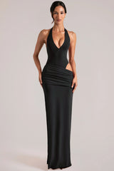 Deep Plunge Halterneck Maxi Dress In Black