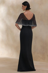 Everly | Black Hand-Embellished Cape-Sleeve Maxi Dress