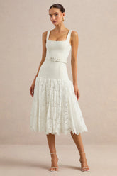 Norrie | White Lace Square-Neck Midi Dress With Voluminous Lace Skirt