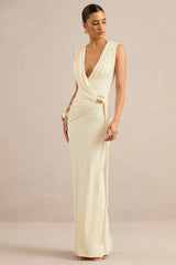Nalina | Cream Plunge-Neck Maxi Dress With Gathered Detailing And Gold Detail
