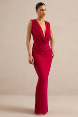Aralyn | Red Plunge Cowl-Neck Maxi Dress With Sash Detail